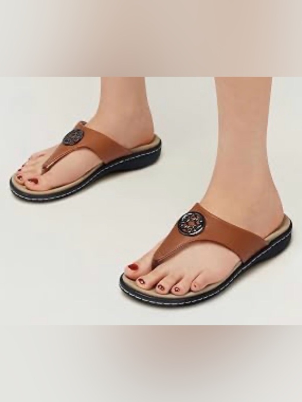 SHIBEVER Tan Leather Thong Sandals with Decorative Medallion